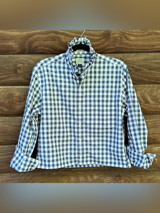 J. Crew Tops - Upcycled J. Crew Navy and White Gingham Button-Down Shirt with Ruffle Neck